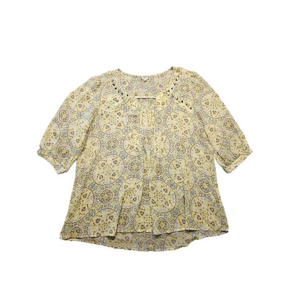 Eyeshadow Tops - Eyeshadow Womens 2X Yellow Medallion Paisley Boho Studded Blouse B1673MZKS